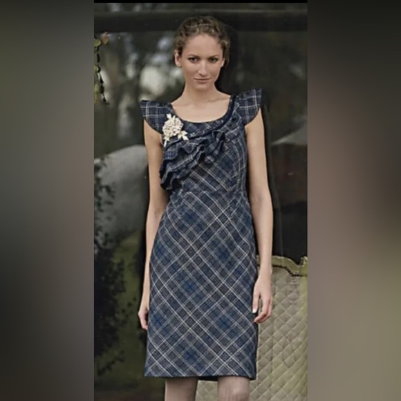 Anthropologie Floreat Gray Blue Plaid Wool Poly Blend Ruffle Dress EUC Size 2 - Picture 1 of 11